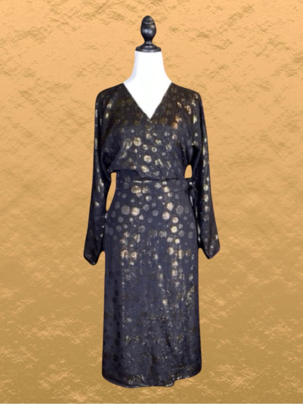 ModCloth Dress Black & Gold Retro Glam Metallic Foil Polkadot Wrap Maximalism L